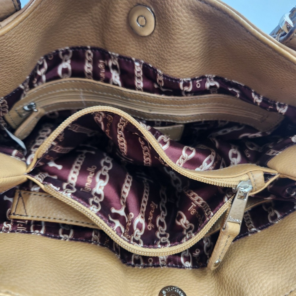 Tignanello Leather Tote Shoulder Bag Tan Brown Multi Pocket Chain Lined - Picture 14 of 16